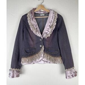 Vintage Purple Denim Jacket Lace Satin Ruffle Cuff Collar Victorian Y2K Large